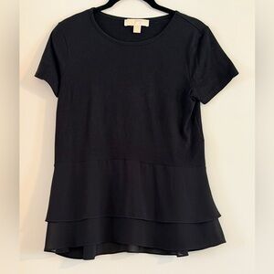 Michael Kors Black Short Sleeve Sheer Tiered-Hem Tee Size S
